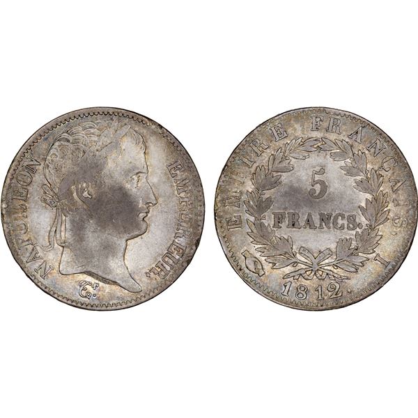 FRANCE: Napoleon I, as Emperor, 1804-1814 & 1815, AR 5 francs, Limoges, 1812-I, Fine to VF