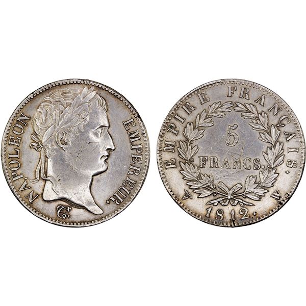 FRANCE: Napoleon I, as Emperor, 1804-1814 & 1815, AR 5 francs, Lille, 1812-W, XF