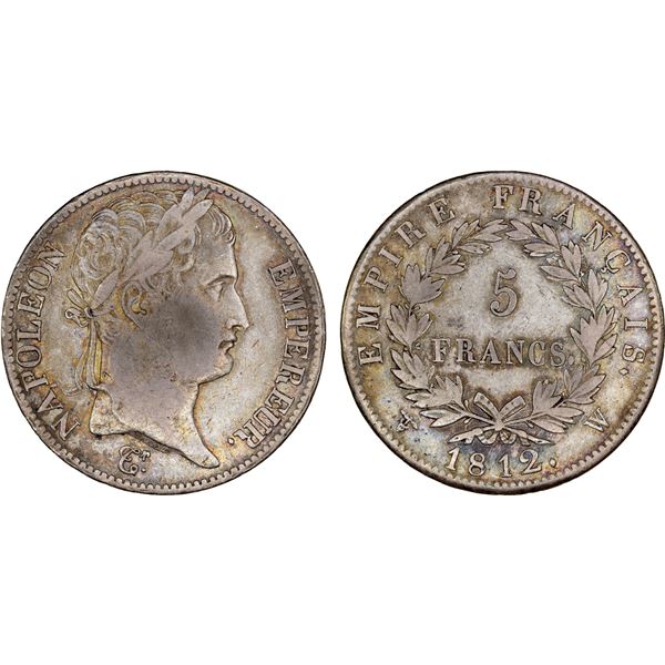 FRANCE: Napoleon I, as Emperor, 1804-1814 & 1815, AR 5 francs, Lille, 1812-W, Fine to VF