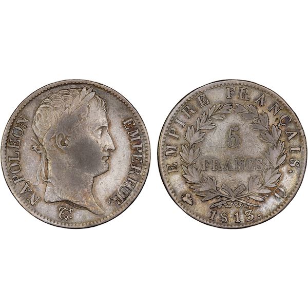 FRANCE: Napoleon I, as Emperor, 1804-1814 & 1815, AR 5 francs, Perpignan, 1813-Q, Fine to VF