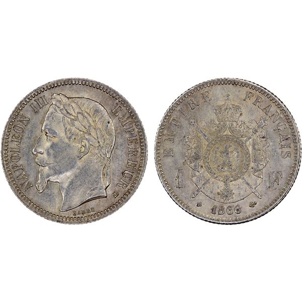 FRANCE: Napoleon III, 1852-1870, AR franc, 1866-BB, Choice About Unc