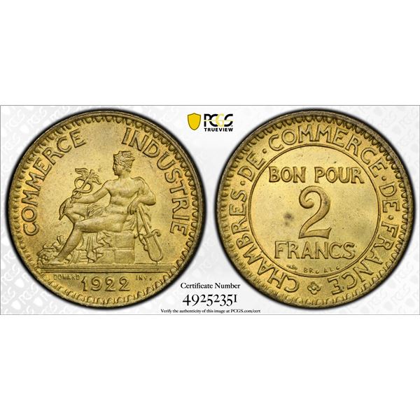 FRANCE: Third Republic, 2 francs, 1922, MS64