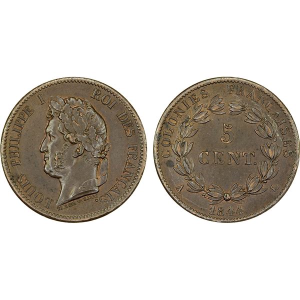 FRENCH COLONIES: Louis Philippe I, 1830-1848, AE 5 centimes, 1844-A, Choice About Unc