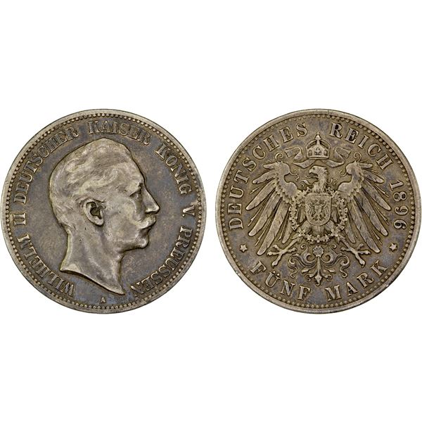 PRUSSIA: Wilhelm II, 1888-1918, AR 5 mark, 1896-A, Fine to VF