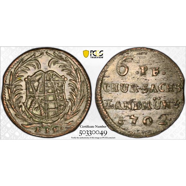 SAXONY: Friedrich August I, 1694-1733, AR 6 pfennig, 1702, PCGS graded AU58