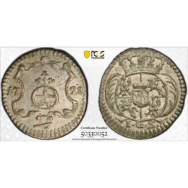 SAXONY: Friedrich August II, 1733-1763, AR pfennig, 1728, PCGS graded MS62