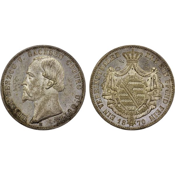 SAXE-COBURG-GOTHA: Ernst II, 1844-1893, AR thaler, 1870-B, About Unc