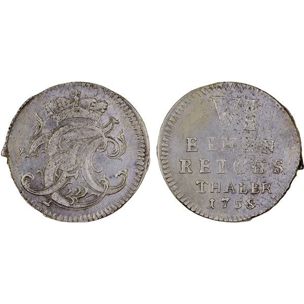 SAXE-HILDBURGHAUSEN: Ernst Friedrich III Carl, 1745-1780, AR 1/6 thaler, 1758, Choice XF