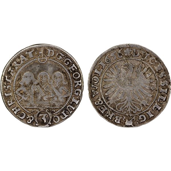 SILESIA-LIEGNITZ-BRIEG: Georg III, Ludwig IV, & Christian, 1651-1672, AR 3 kreuzer (1.46g), 1656, VF