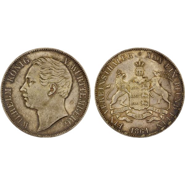 WÜRTTEMBERG: Wilhelm I, 1816-1864, AR thaler, 1861, XF to AU