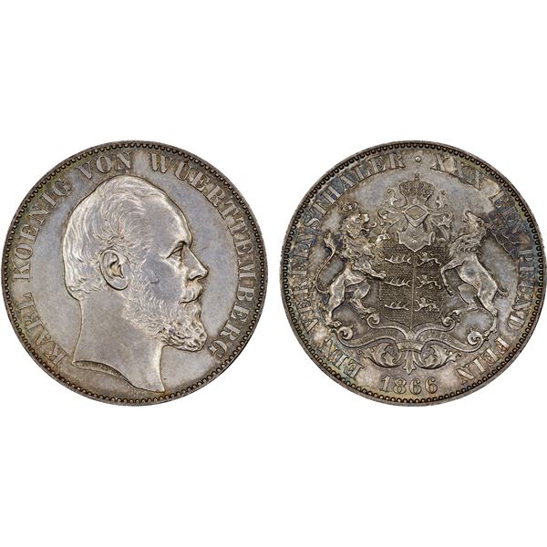 WÜRTTEMBERG: Karl I, 1864-1891, AR thaler, 1866, Choice About Unc