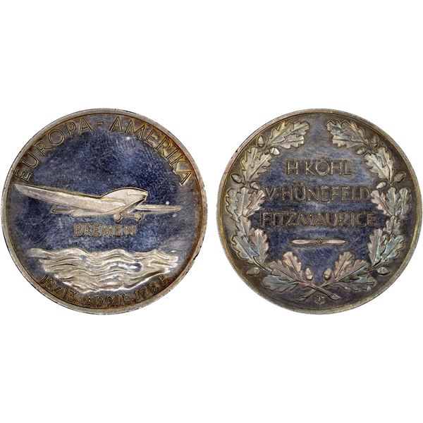 GERMANY: Weimar Republic, AR medal, Transatlantic Flight, 1928, About Unc