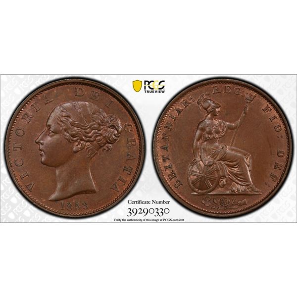 GREAT BRITAIN: Victoria, 1837-1901, AE halfpenny, 1853, PCGS graded MS64 BN