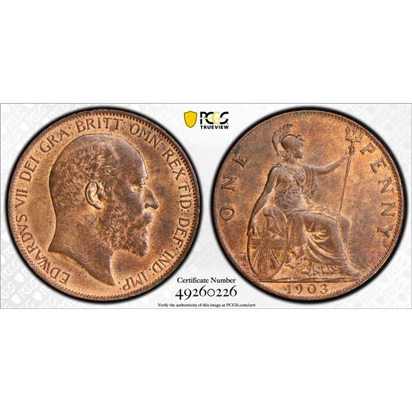 GREAT BRITAIN: Edward VII, 1901-1910, AE penny, 1903, PCGS graded MS63 RB