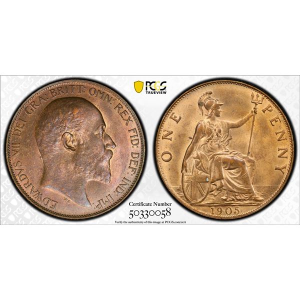 GREAT BRITAIN: Edward VII, 1901-1910, AE penny, 1905, PCGS graded MS64 RB