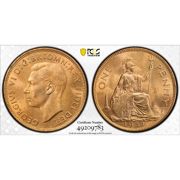 GREAT BRITAIN: George VI, 1936-1952, AE penny, 1951, PCGS graded MS65 RD