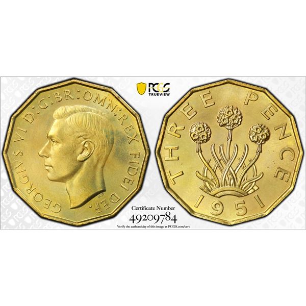 GREAT BRITAIN: George VI, 1936-1952, 3 pence, 1951, PCGS graded MS64