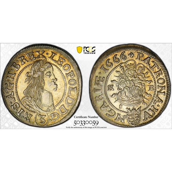 HUNGARY: Leopold I, 1657-1705, AR 3 kreuzer, Kremnitz, 1666, PCGS graded MS64