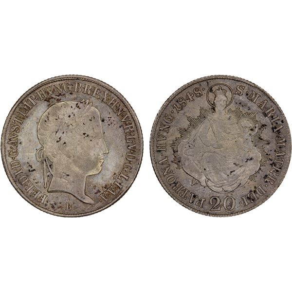 HUNGARY: Ferdinand I, 1835-1848, AR 20 krajczár, 1848-B, Unc
