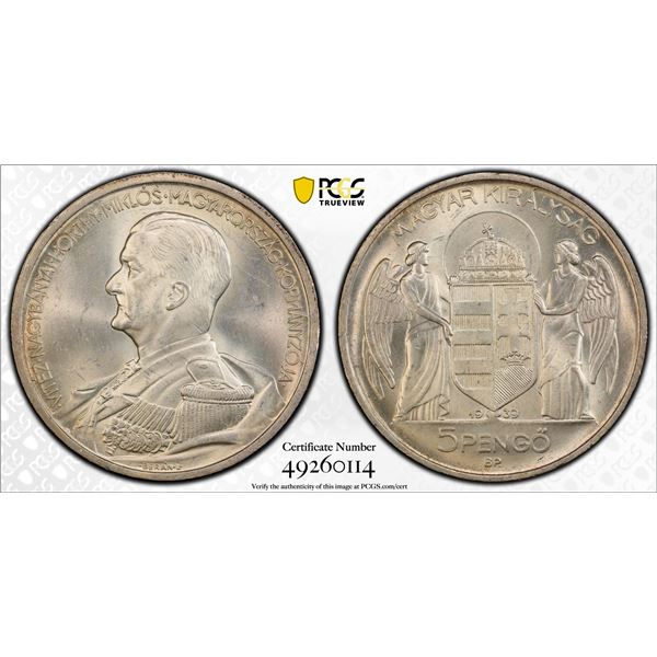 HUNGARY: Miklós Horthy, Regent, 1920-1944, AR 5 pengo, 1939-BP, MS63
