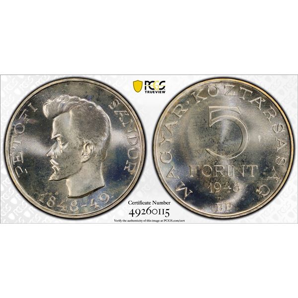 HUNGARY: Republic, AR 5 forint, 1948-BP, PCGS graded Proof 68