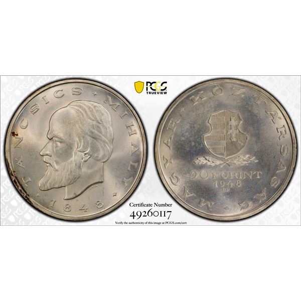 HUNGARY: Republic, AR 20 forint, 1948-BP, PCGS graded Proof 66