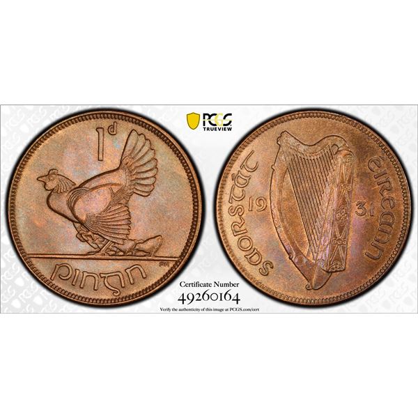 IRELAND: Free State, AE pingin (penny), 1931, PCGS graded MS64 BN