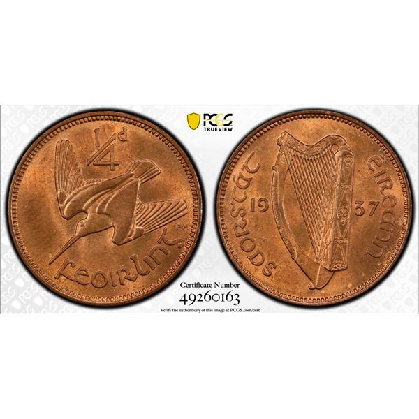 IRELAND: Free State, AE feoirling (farthing), 1937, PCGS graded MS64 RB