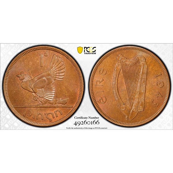 IRELAND: Republic, AE pingin (penny), 1943, PCGS graded MS65 BN