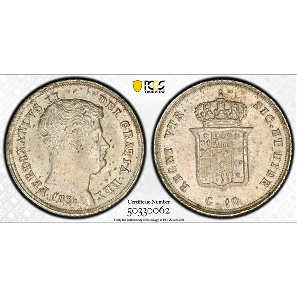 NAPLES & SICILY: Ferdinando II, 1830-1859, AR 10 grana, 1836, PCGS graded AU58