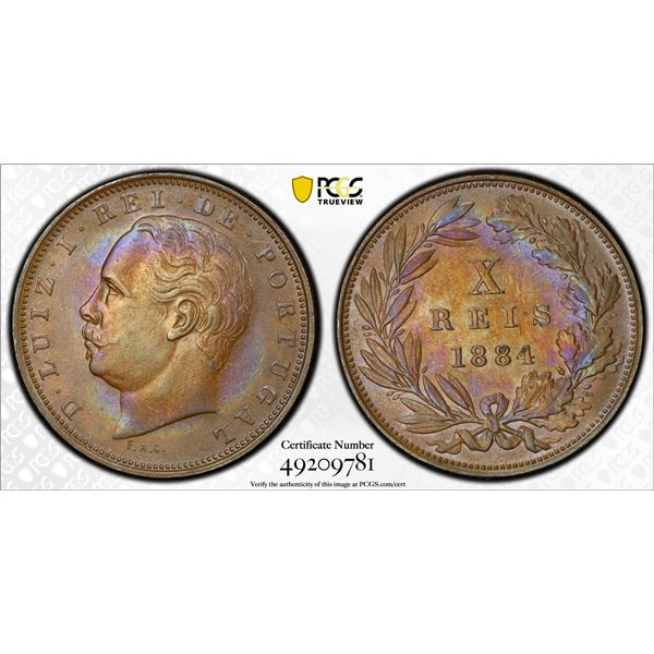 PORTUGAL: Carlos I, 1889-1908, AE 10 reis, 1884, PCGS graded MS62 BN