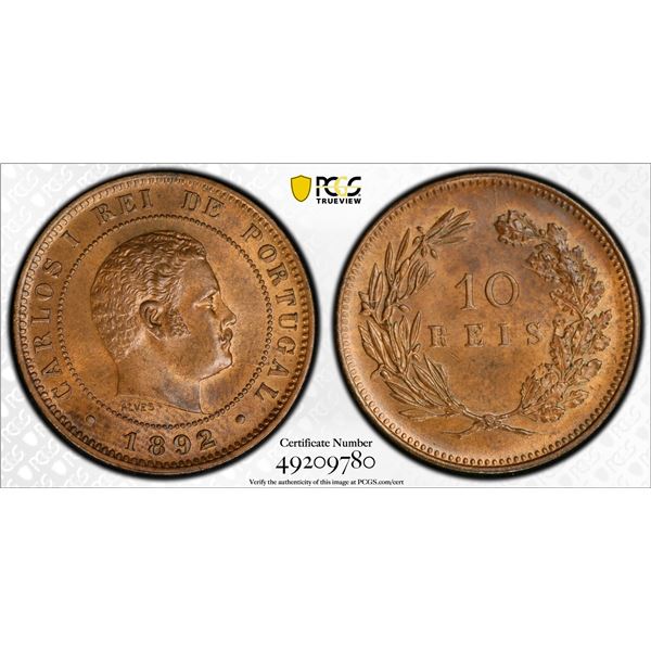 PORTUGAL: Carlos I, 1889-1908, AE 10 reis, 1892, PCGS graded MS64 RB