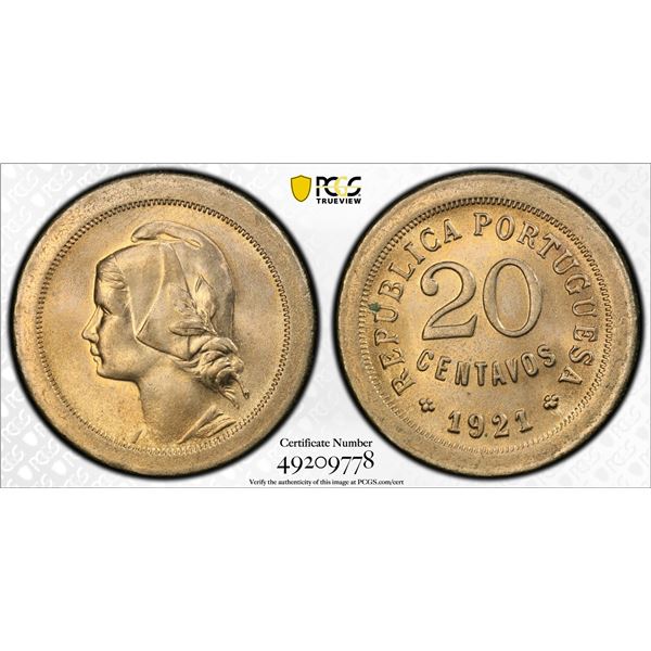 PORTUGAL: Republic, 20 centavos, 1921, PCGS graded MS64