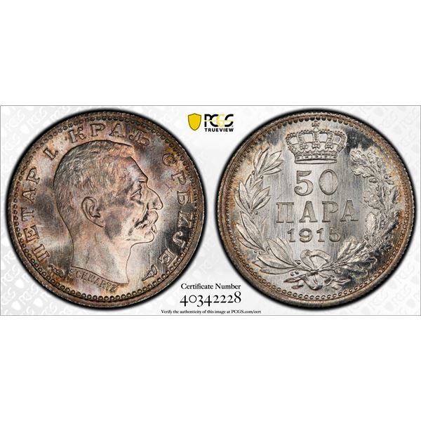 SERBIA: Peter I, 1903-1918, AR 50 para, 1915, PCGS graded MS65