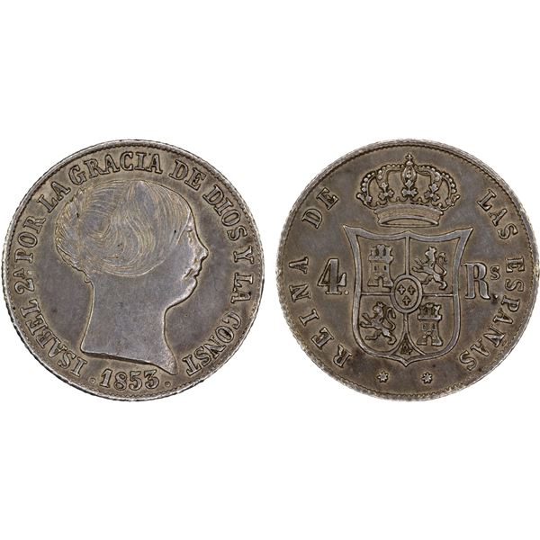 SPAIN: Isabel II, 1833-1868, AR 4 reales, Seville, 1853, XF
