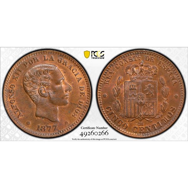SPAIN: Alfonso XII, 1874-1885, AE 5 centimos, 1877, PCGS graded MS64 BN