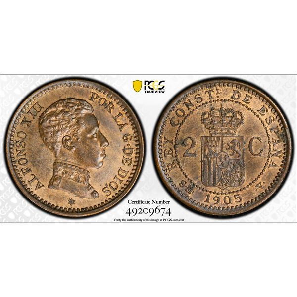 SPAIN: Alfonso XIII, 1866-1931, AE 2 centimos, 1905, MS63 RB