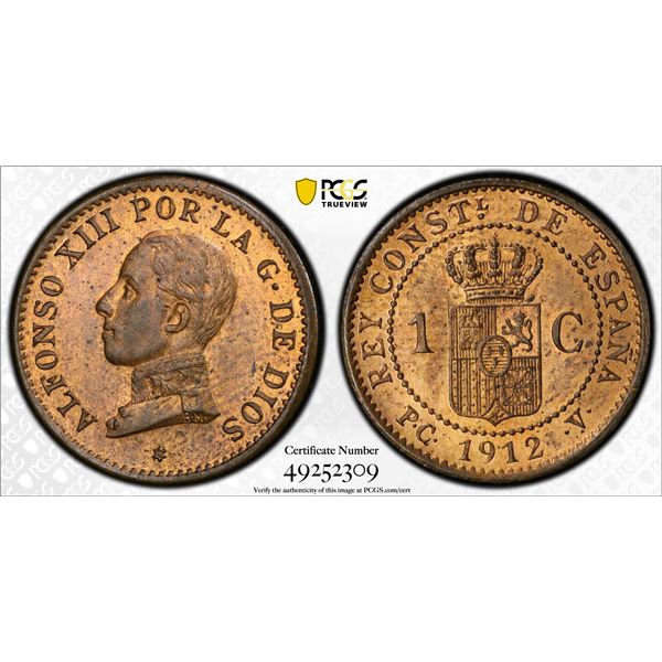 SPAIN: Alfonso XIII, 1886-1931, AE centimo, 1912, PCGS graded MS64 RB