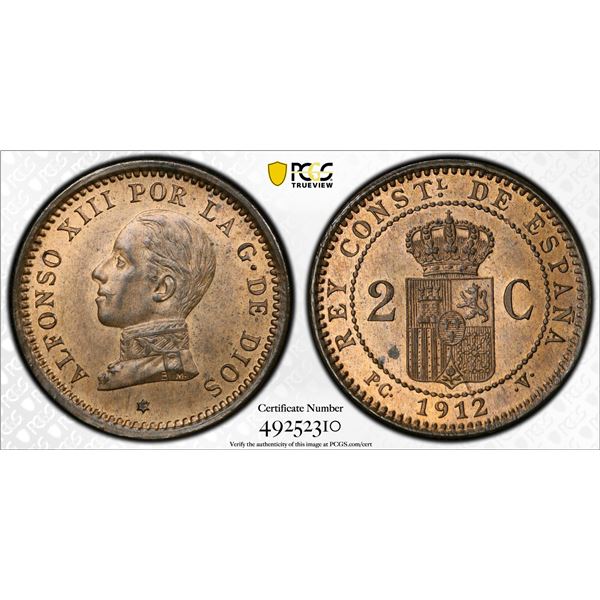 SPAIN: Alfonso XIII, 1886-1931, AE 2 centimos, 1912, PCGS graded MS64 RB