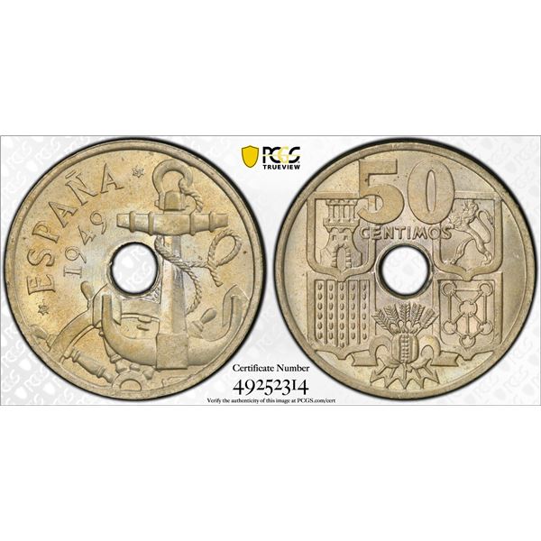 SPAIN: Francisco Franco, Caudillo, 1936-1975, 50 centimos, 1949 (51), PCGS MS64