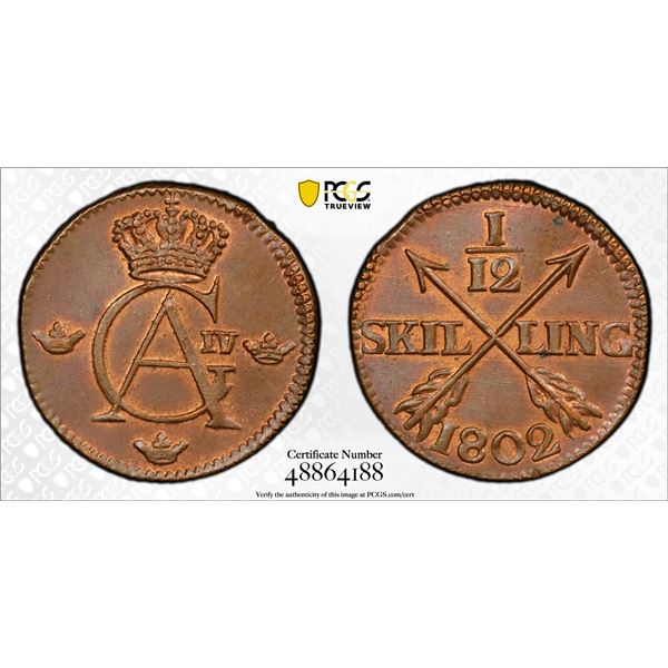 SWEDEN: Gustaf IV Adolf, 1792-1809, AE 1/12 skilling, 1802, PCGS graded MS64 RB