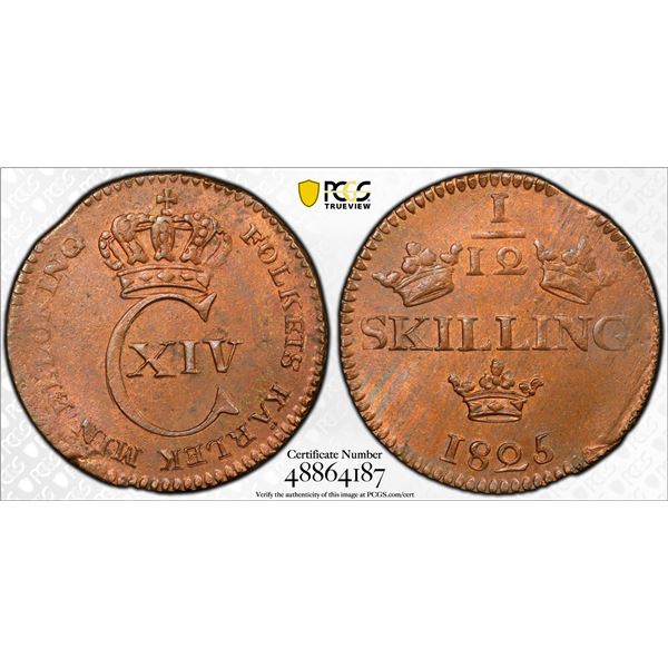 SWEDEN: Carl XIV Johan, 1818-1844, AE 1/12 skilling, 1825, PCGS graded MS63 RB