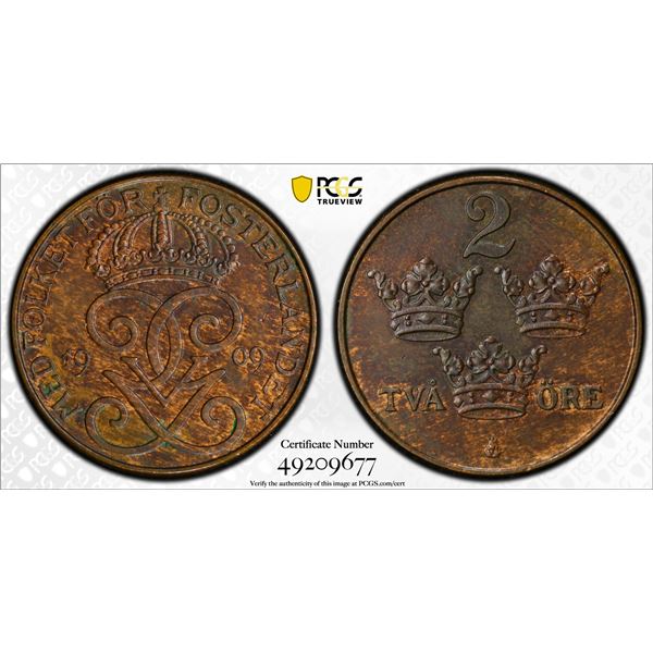 SWEDEN: Gustaf V, 1907-1950, AE 2 ore, 1909, PCGS graded MS63 BN