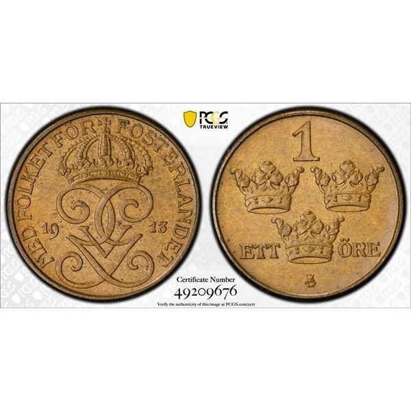 SWEDEN: Gustaf V, 1907-1950, AE ore, 1913, PCGS graded MS64 BN
