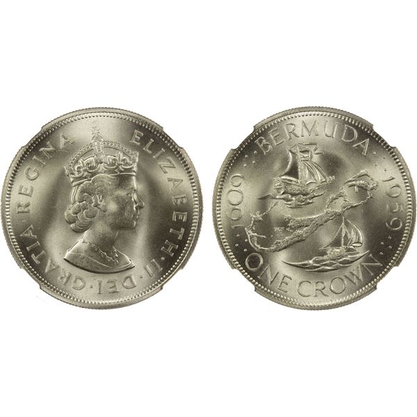 BERMUDA: Elizabeth II, 1952-2022, AR crown, 1959, NGC graded MS68
