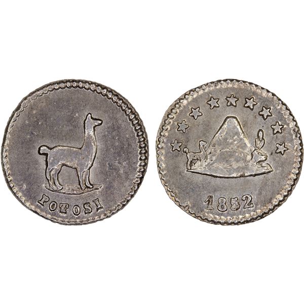 BOLIVIA: Republic, AR 1/4 sol (0.88g), Potosi, 1852, choice Unc