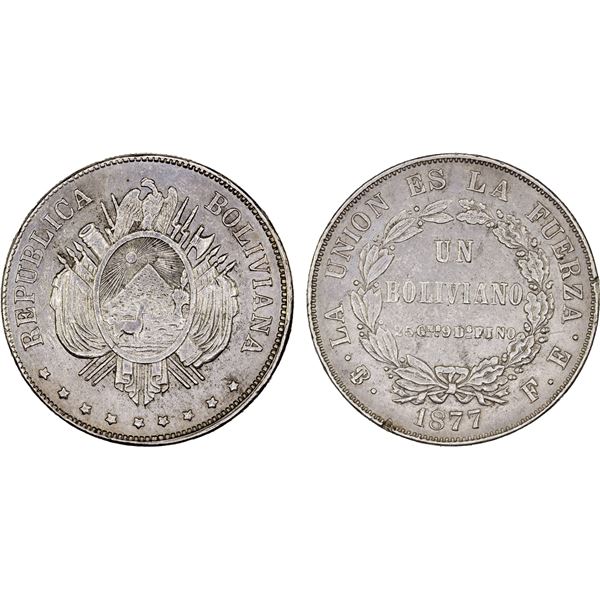 BOLIVIA: Republic, AR boliviano, 1877, XF