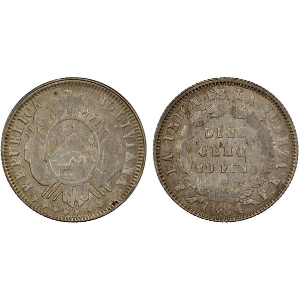BOLIVIA: Republic, AR 10 centavos, 1884/3, XF to AU