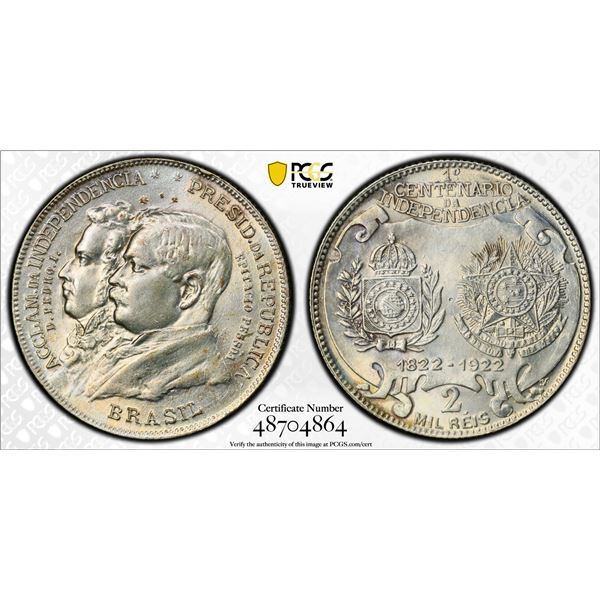 BRAZIL: Republic, AR 2000 reis, 1922, PCGS graded MS62