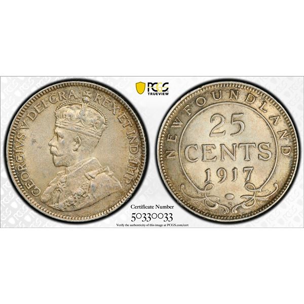 CANADA: NEWFOUNDLAND: George V, 1910-1936, AR 25 cent, 1917-C, PCGS graded AU58
